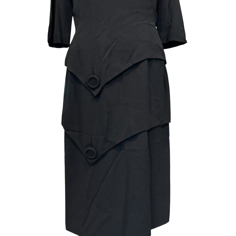 Vintage 60s Black Peplum Midi Dress Bateau Neck 3/4 Sleeve Size 8 - Picture 7 of 16